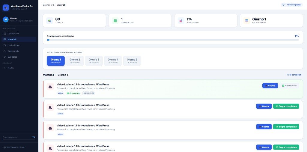 Sezione Materiali del pannello corsisti — video, PDF e documenti organizzati per giorno