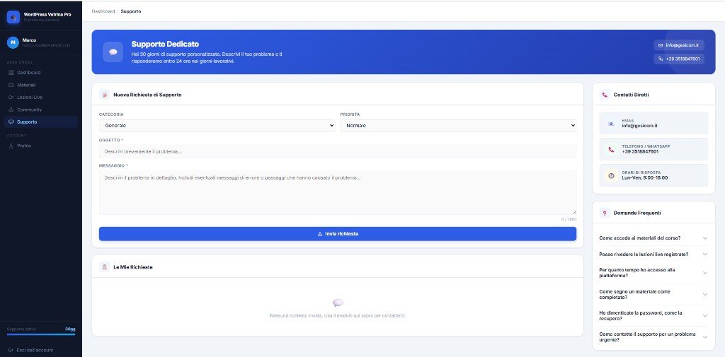 Supporto dedicato del pannello corsisti — ticket, contatti diretti e FAQ